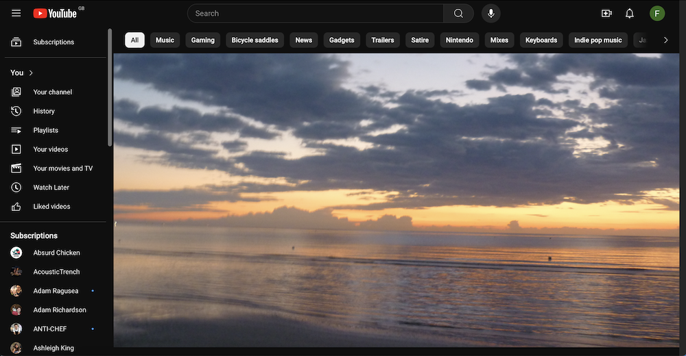 A screenshot of a YouTube homepage with no recommended videos and no Home or Shorts tab.
